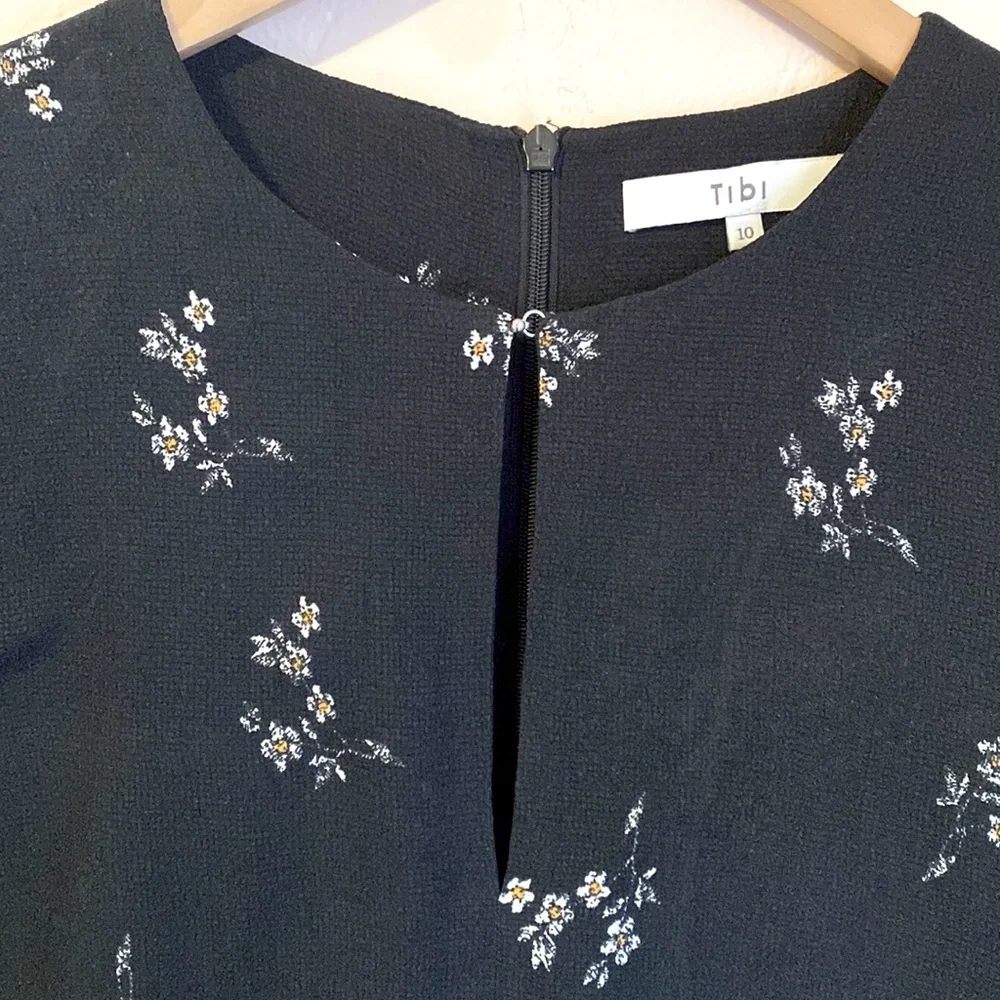 Tibi Florence black ruched sleeve fit flare floral short dress size 10 - Picture 6 of 13